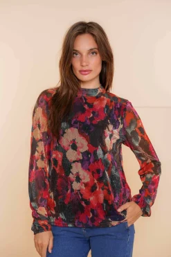 Tops & T-shirts*Geisha Fashion Geisha Dames Bloemenprint Top Met Glitter 43663-20 blue