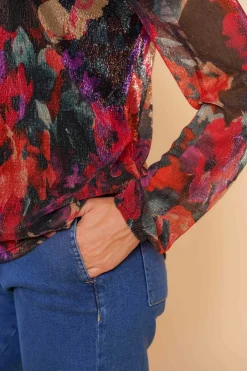 Tops & T-shirts*Geisha Fashion Geisha Dames Bloemenprint Top Met Glitter 43663-20 blue