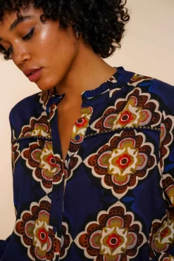 Blouses*Geisha Fashion Geisha Dames Blouse Met Print 43683-20 blue