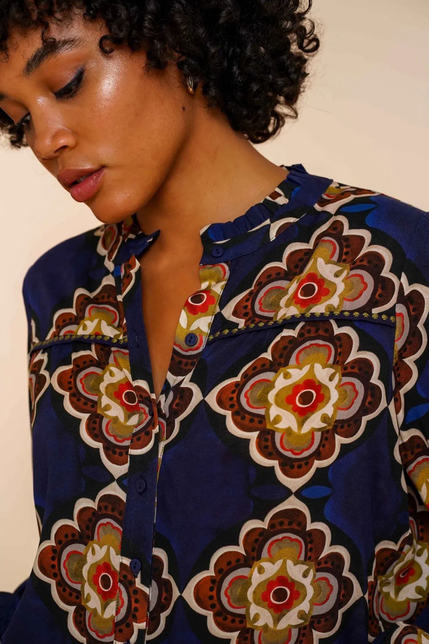 Blouses*Geisha Fashion Geisha Dames Blouse Met Print 43683-20 blue