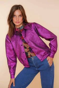 Tops & T-shirts*Geisha Fashion Geisha Dames Bomberjasje Met Metalic Look 43684-20 fuchsia