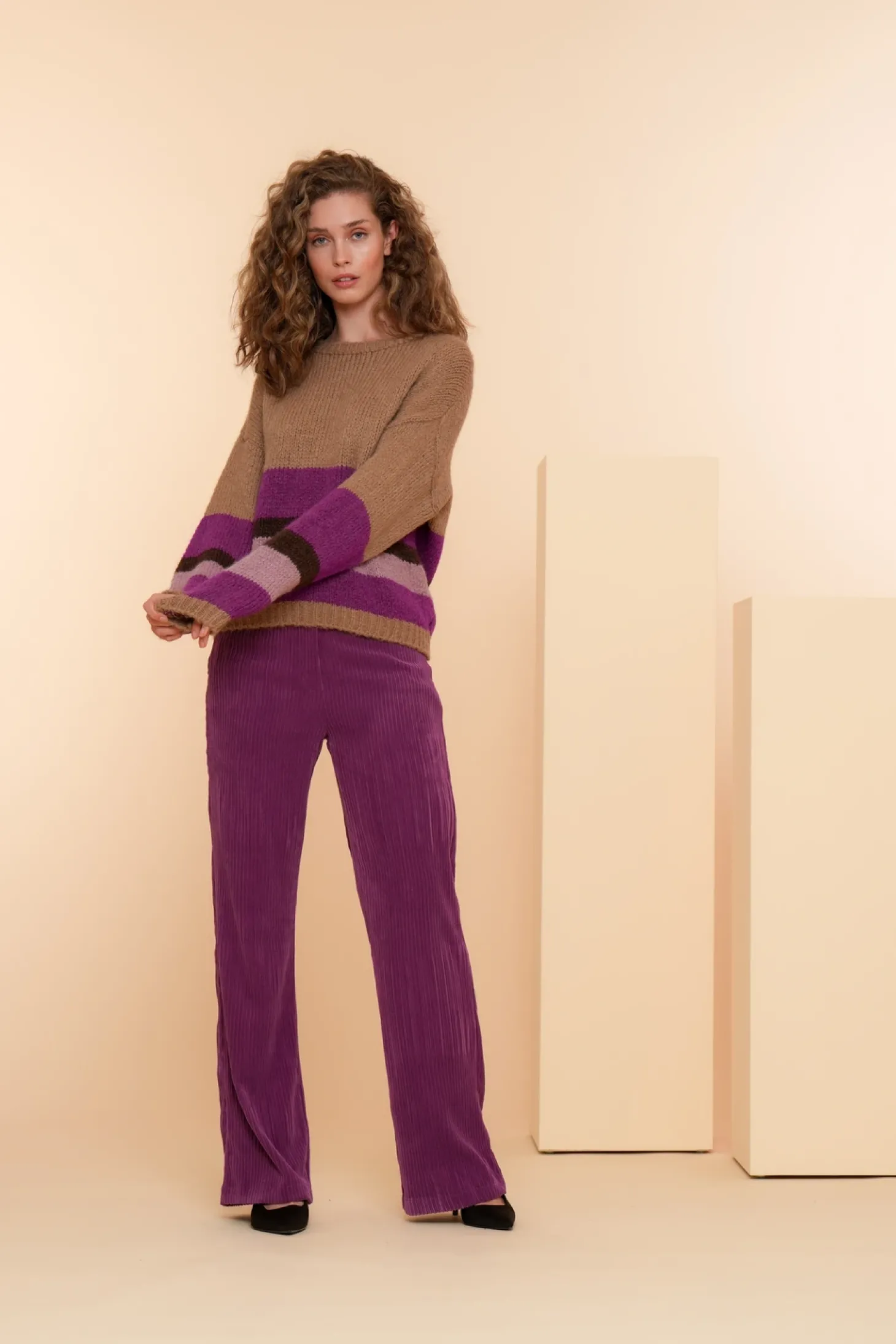 Truien & Vesten*Geisha Fashion Geisha Dames Gebreide Trui Met Streep 44576-70 sand