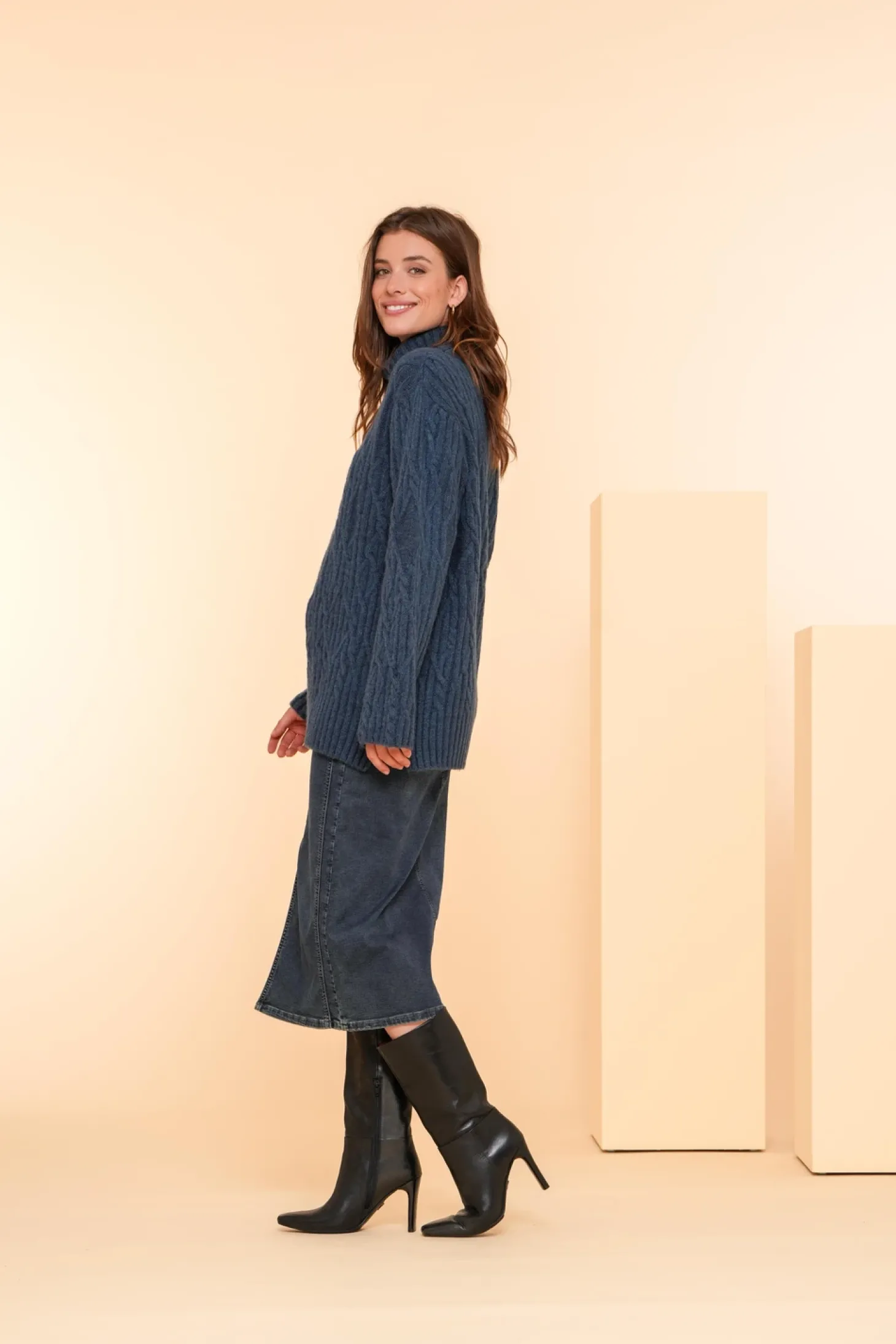 Truien & Vesten*Geisha Fashion Geisha Dames Kabeltrui Met Col 44593-43 petrol