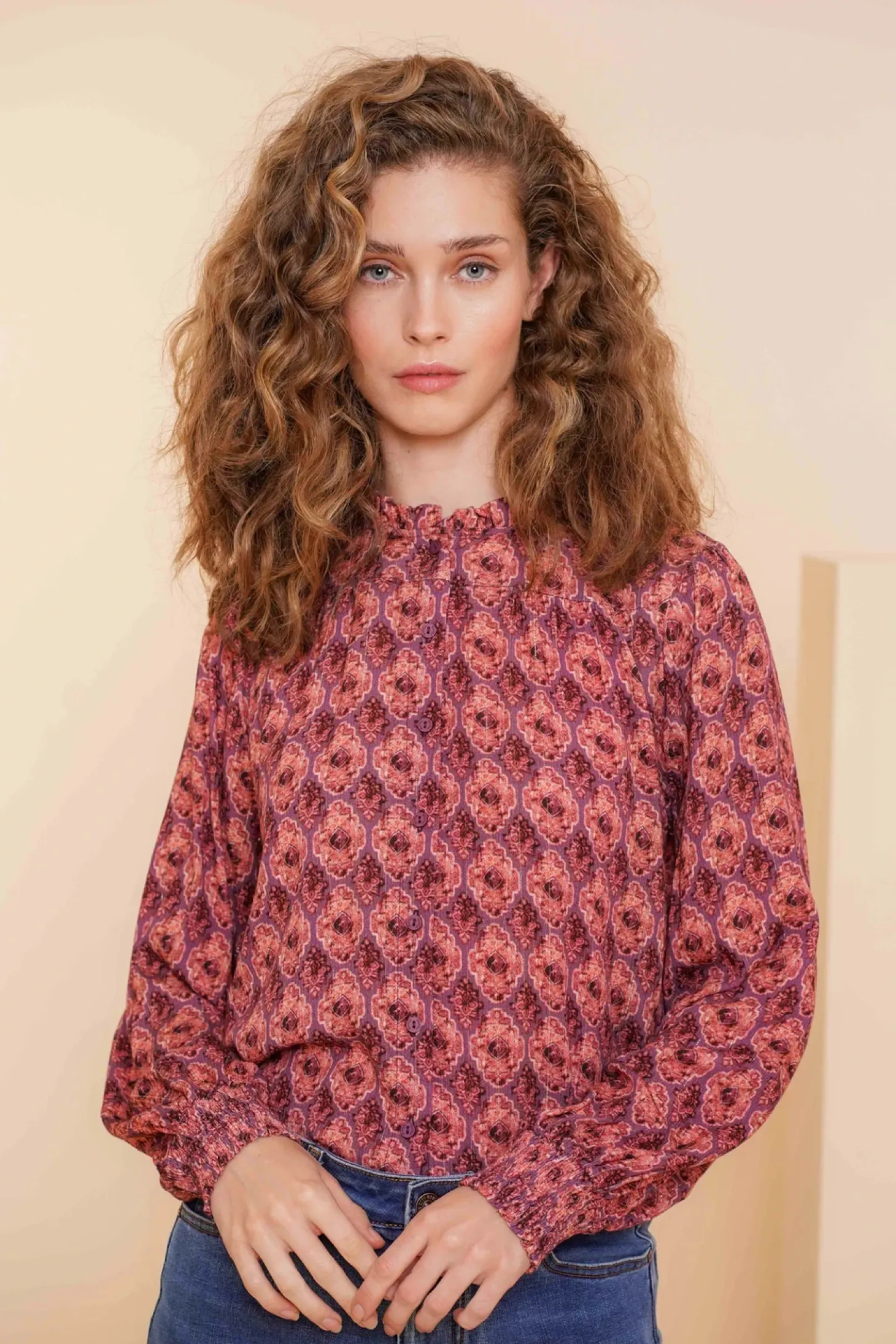 Blouses*Geisha Fashion Geisha Dames Kleurrijke Blouse Met Ikat Print 43698-20 mauve
