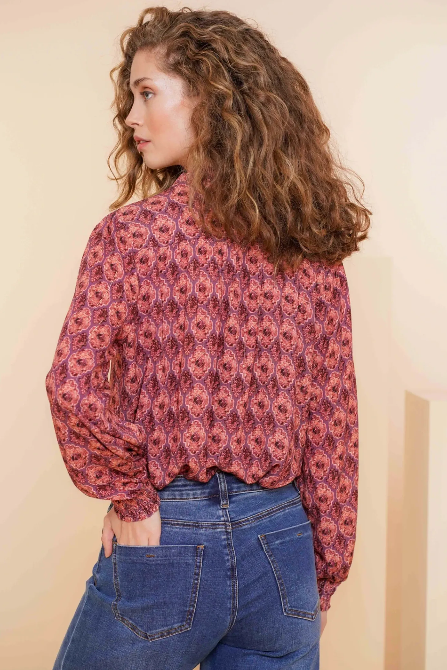 Blouses*Geisha Fashion Geisha Dames Kleurrijke Blouse Met Ikat Print 43698-20 mauve