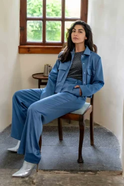 Broeken*Geisha Fashion Geisha Dames Satijne Palazzo Pantalon 41590-21 blue