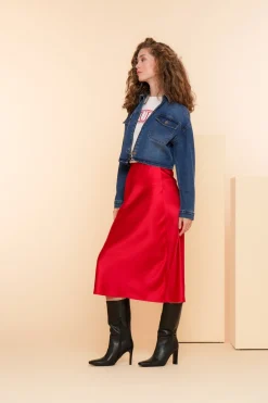 Rokken*Geisha Fashion Geisha Dames Satijnen Look Midi Rok 46513-10 rood
