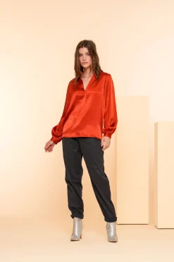 Tops & T-shirts*Geisha Fashion Geisha Dames Satin Top Met V-hals 43540-14 stone