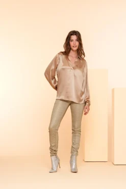 Tops & T-shirts*Geisha Fashion Geisha Dames Satin Top Met V-hals 43540-14 sand