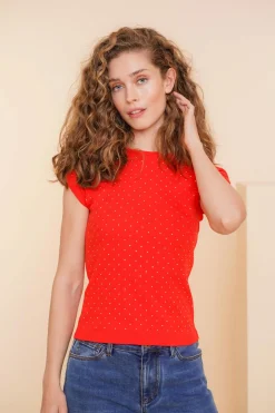 Tops & T-shirts*Geisha Fashion Geisha Dames T-shirt Met Studs 42607-41 rood